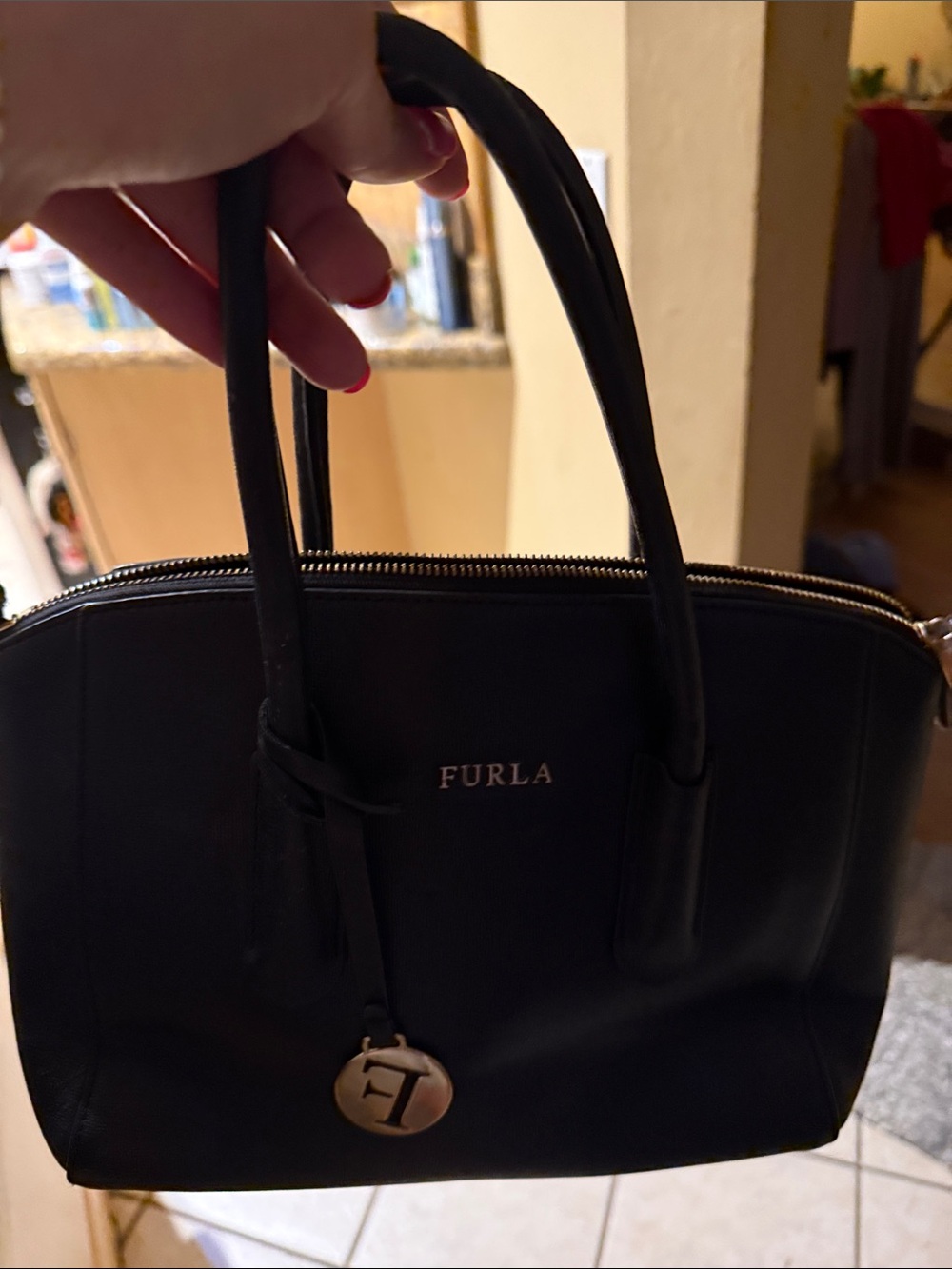 Furla Black Leather Satchel with Gold Charm